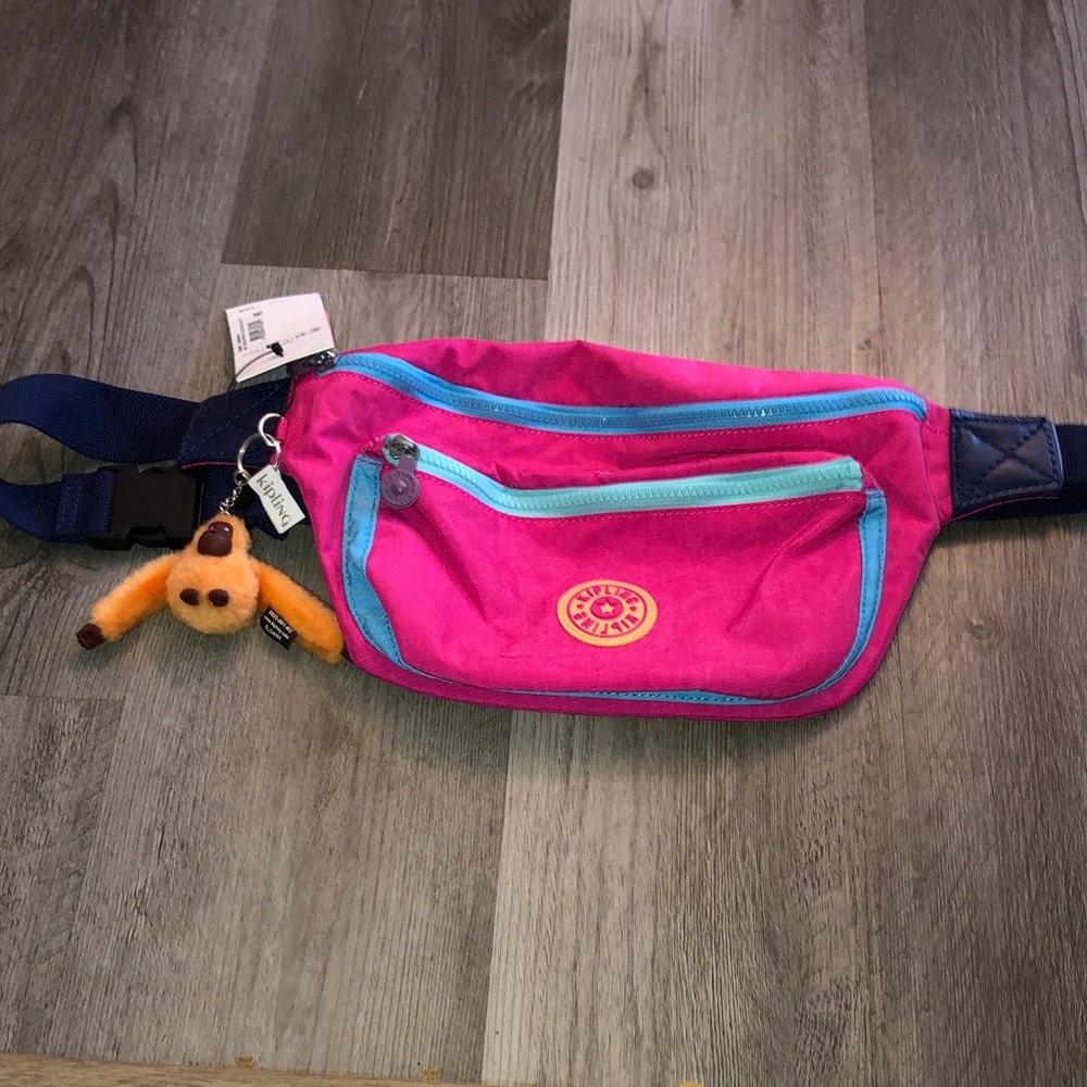 Kipling Yasemina Nylon Waist Pack Azalea Pink Color Block + Monkey Keychain NWT - Picture 2 of 16